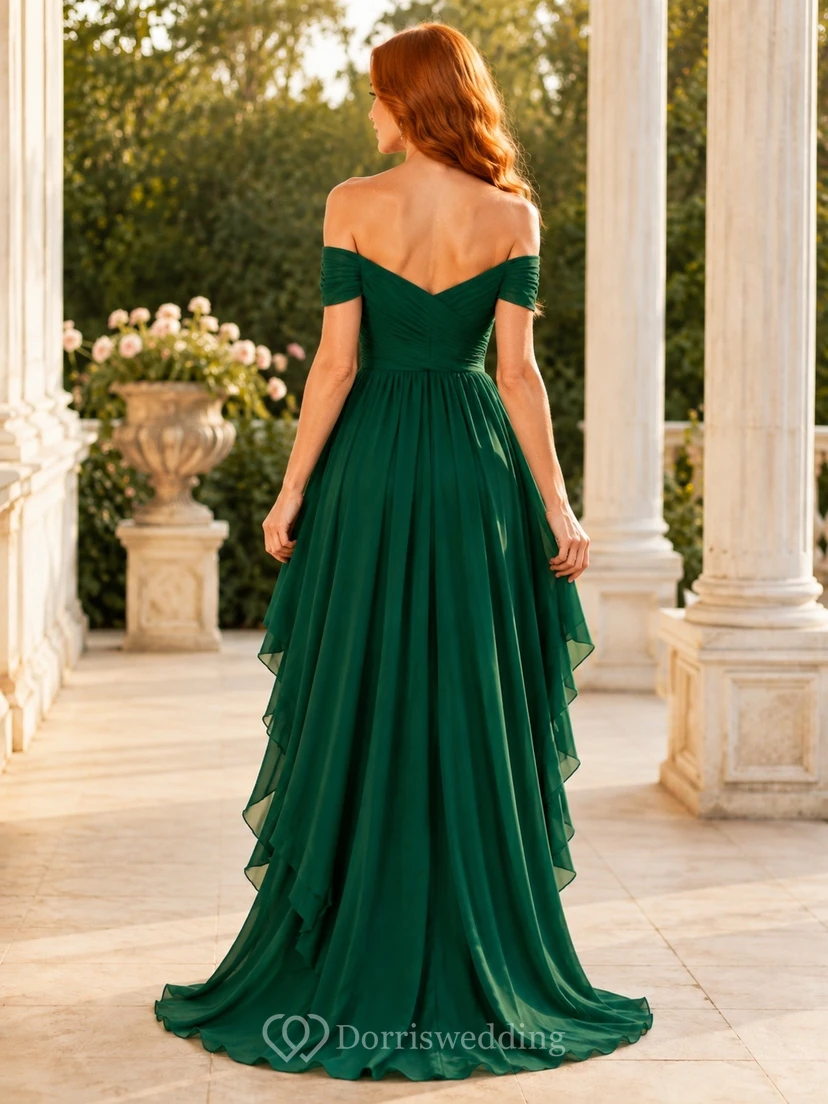 Dark Green Off Shoulder Short Sleeve Ruffle High Low Dress view 2