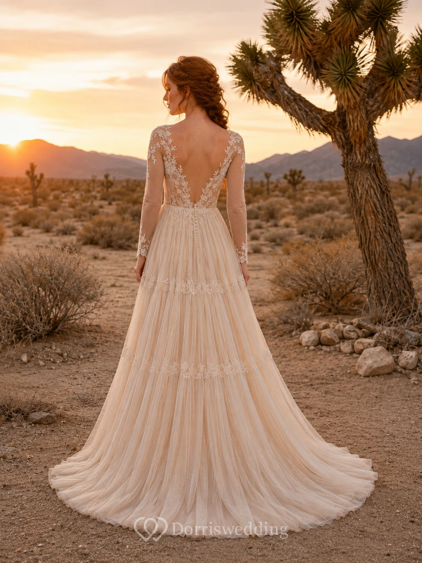 Champagne Boho Lace Bodice Tiered Tulle Desert Bridal Gown view 2