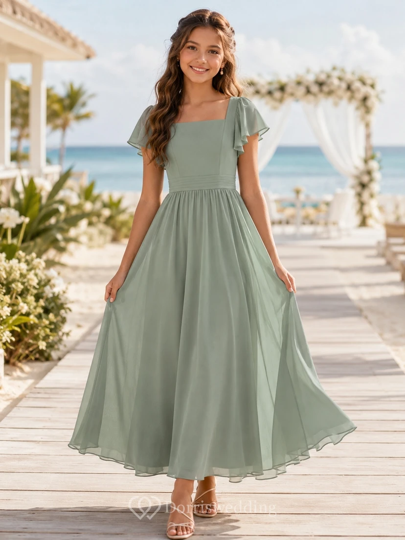Mintgrünes Brautjungfernkleid für junge Mädchen, A-Linie, eckig, kurze Blütenblattärmel, knöchellang, romantisch view 2