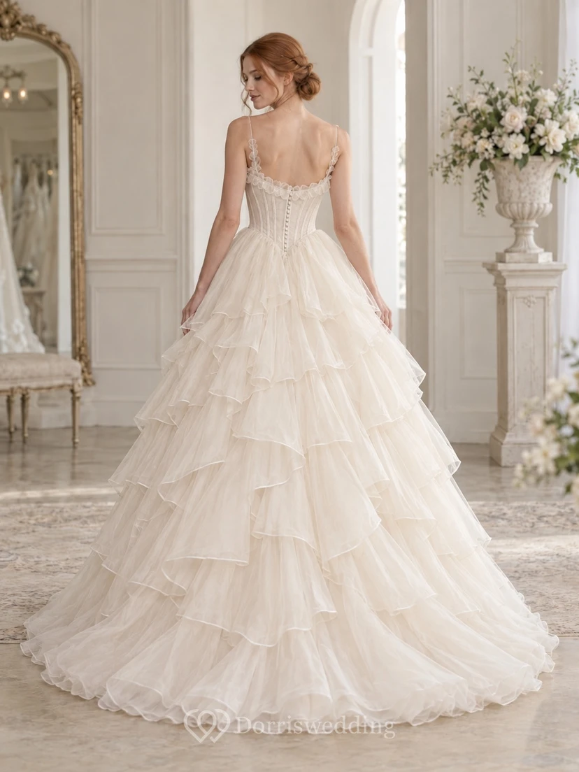 Robe de mariée de bal en organza à fines bretelles et à volants view 2