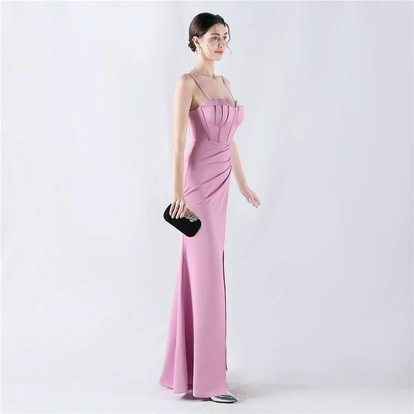 Fishbone Waist Strap Satin Host Meeting Evening Dress view 31