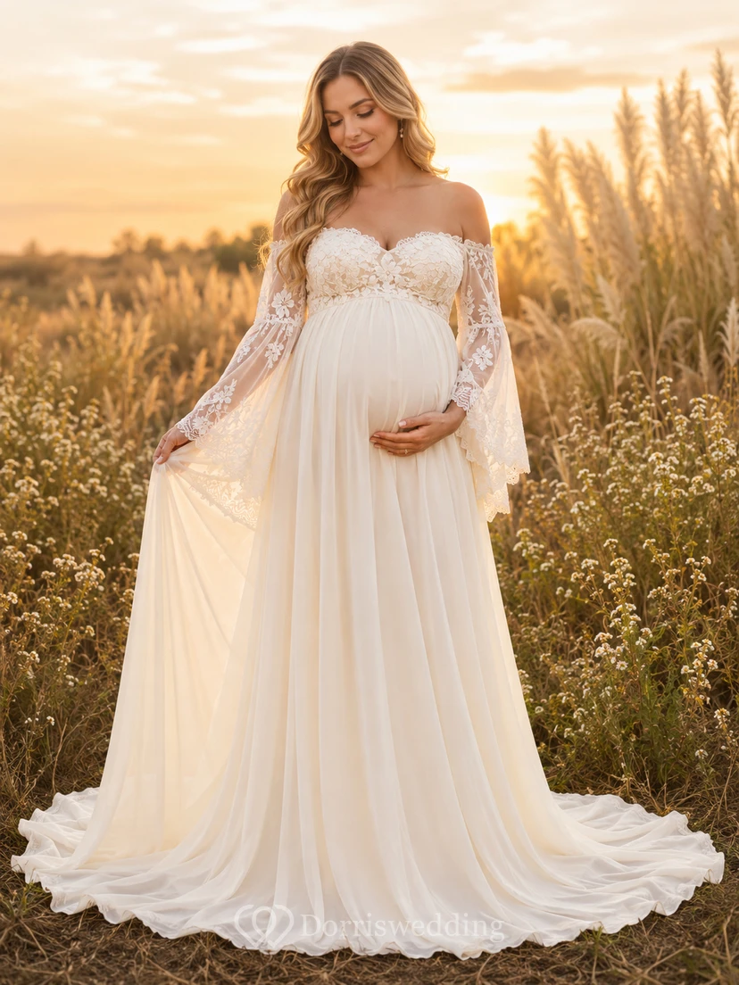 Vestido de novia de encaje campestre, corte en A, hombros descubiertos, manga larga, cola capilla, espalda descubierta.