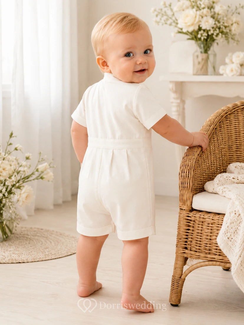 White Pinstripe Bib Peter Collar Short Sleeve Formal Romper for Baby Boy view 2