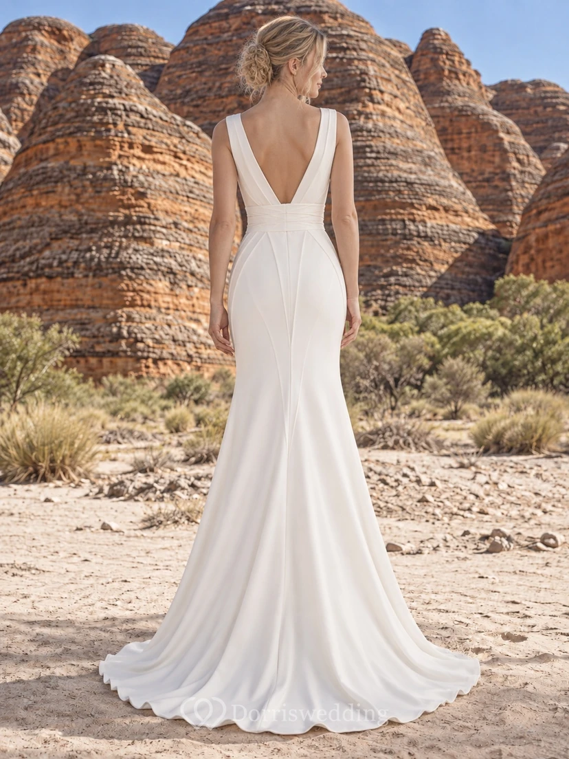 Simple V-Neck Sleeveless Mermaid Sweep Train Natural Waist Wedding Dress view 2