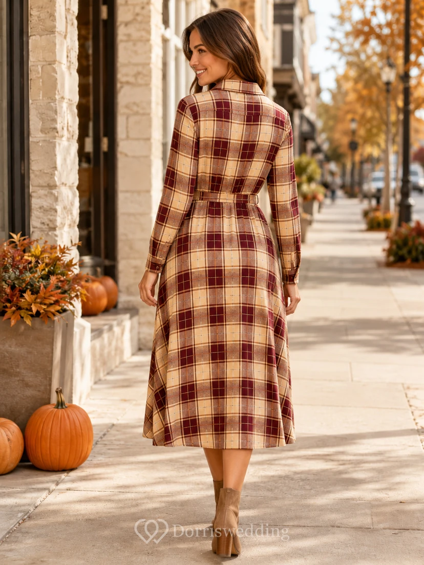 Vestido midi de manga larga con cuello camisero a cuadros burdeos para otoño view 2