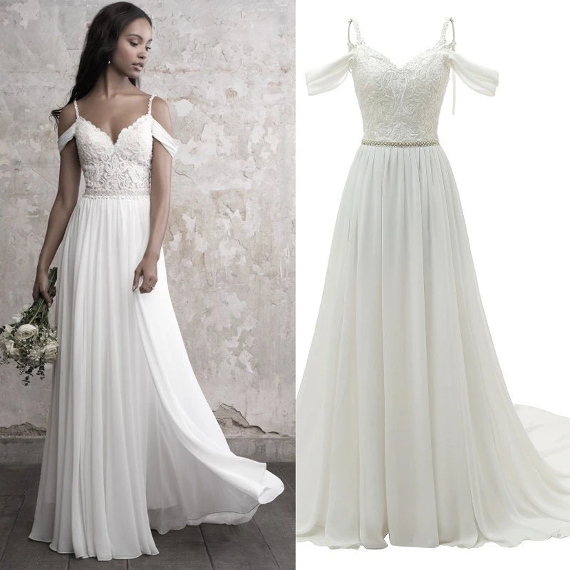 Vestido de novia de gasa estilo imperio griego con tirantes finos y top de encaje. view 2
