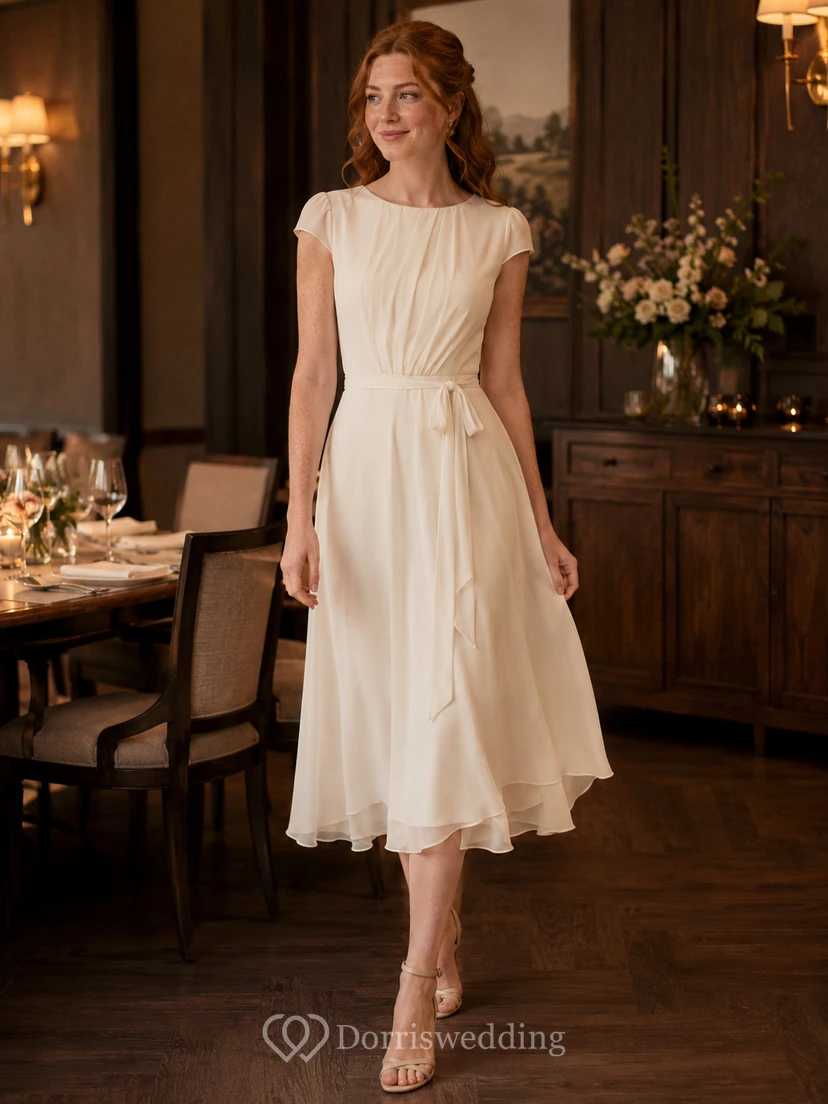 Modest cap sleeve chiffon bridal tea length A-line dress