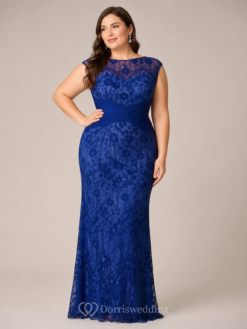 Robe fourreau longue en dentelle à manches courtes pour la mère de la mariée, ornée de fronces croisées view 7