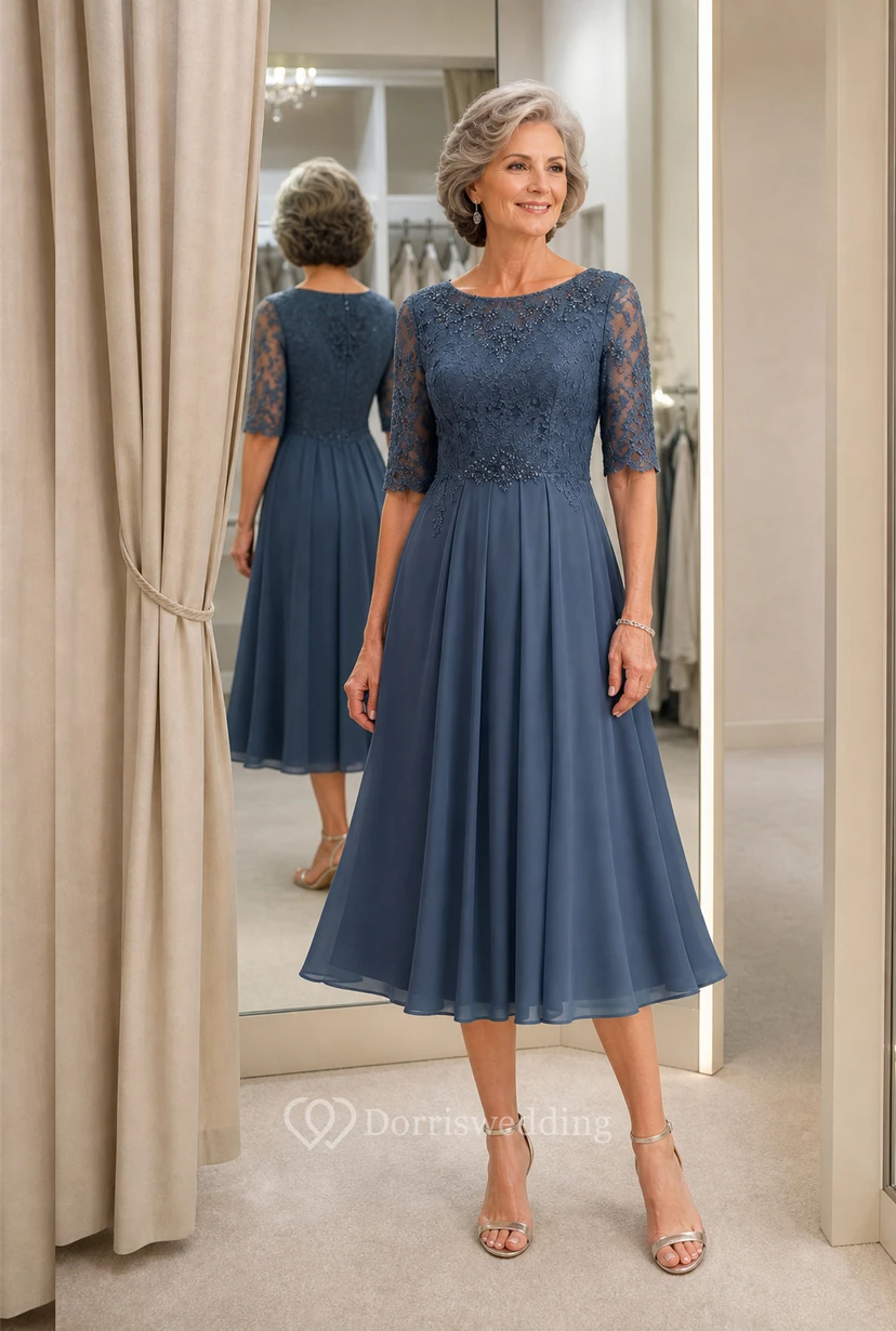 Sage Tea Length Crystal Brooch Mother Dress Sage Bateau Jewel A-Line Tea-length view 10