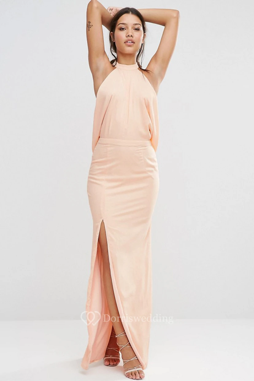 Sheath High-Neck Sleeveless Long Split-Front Chiffon Bridesmaid Dress