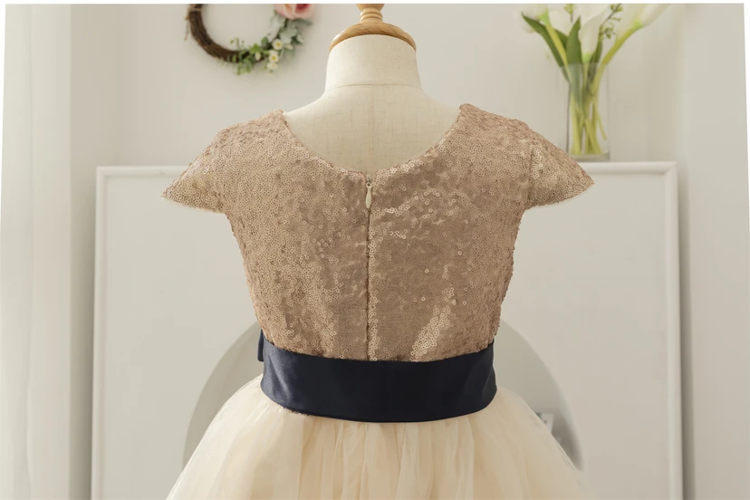 Cap Sequin Tulle Skirt A-line Flowergirl Dress with Ribbon Bow view 5