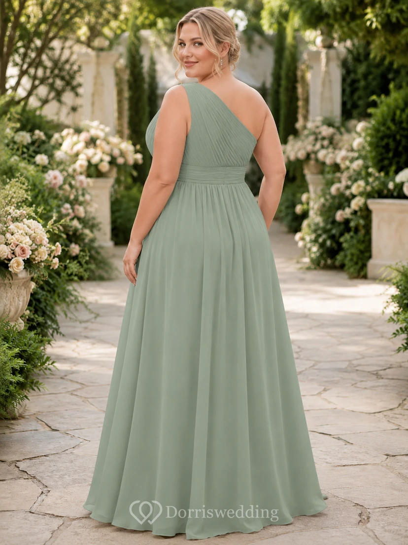 Sage green plus size one shoulder chiffon floor length bridesmaid dress view 2