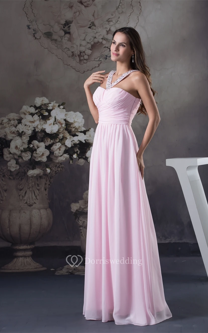 Pastel Chiffon Long Criss-Cross Beading and Dress With Pleats view 3