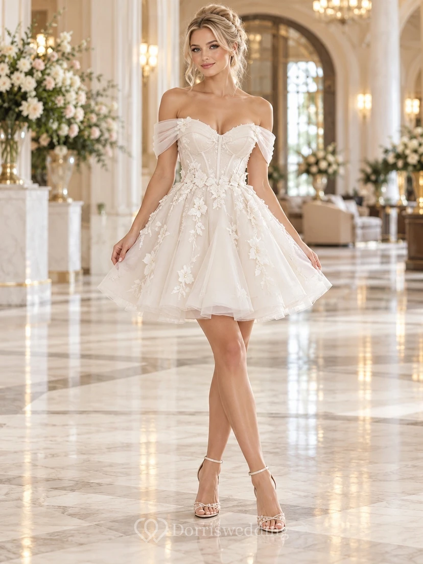 Vestido de novia romántico corto de corte A con corsé y estampado floral de tul, sin hombros