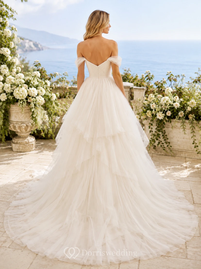 Lace Tulle Wedding Dress A-Line Strapless Sweetheart Sweep Train Low V Back Bridal Gown view 2
