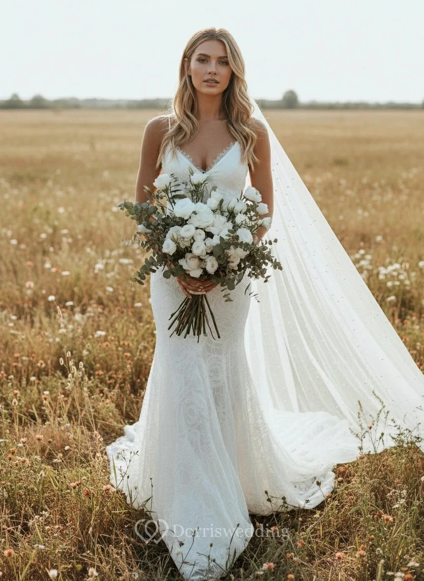Country Spaghetti Sheer Mermaid Wedding Dress