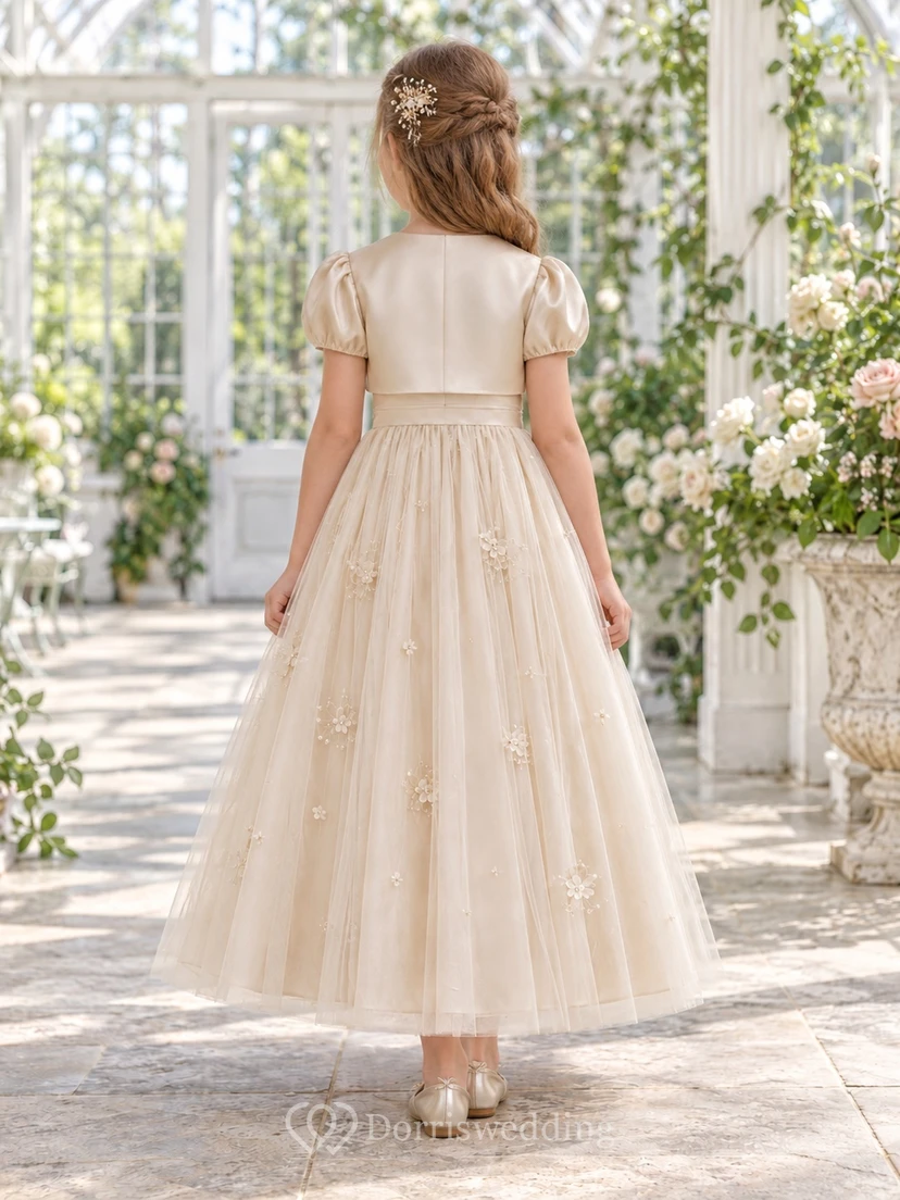 Champagne A-line Tulle Satin-bolero Puff-sleeve Ankle-length Appliqued Round-Neck Flower Girl Dress view 2