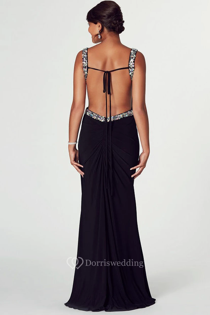 Sheath Straps Floor-Length Beaded Chiffon Prom Dress With Backless Style And Side Draping view 2