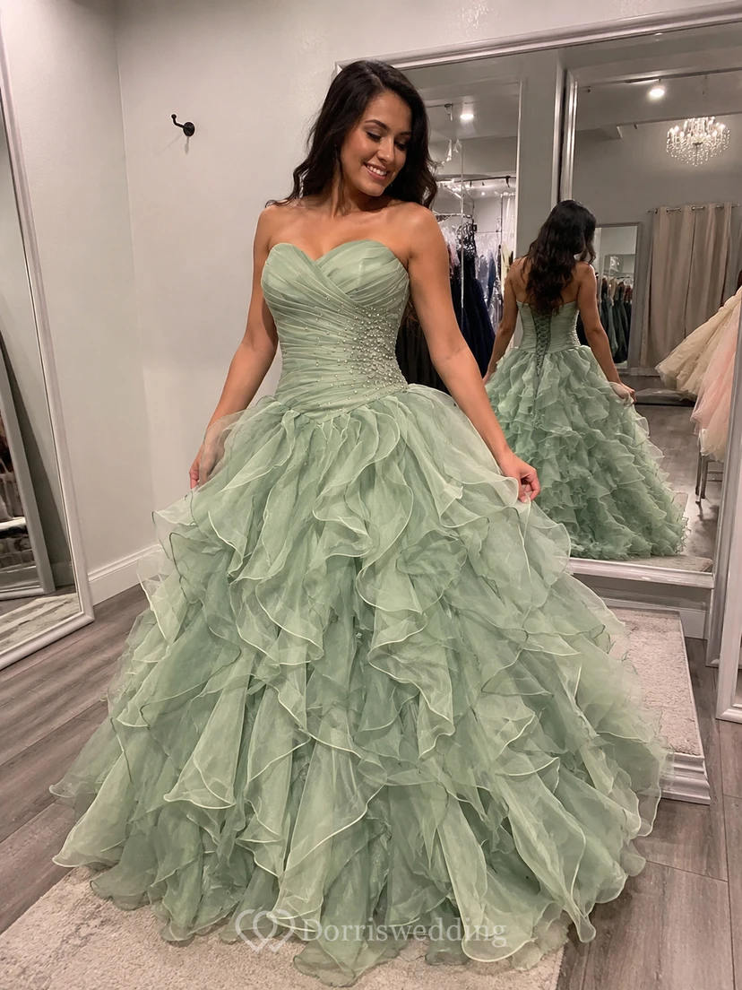 Dreaming Sweetheart Ruched Ball Gown With Cascading Ruffles and Rhinestones view 8