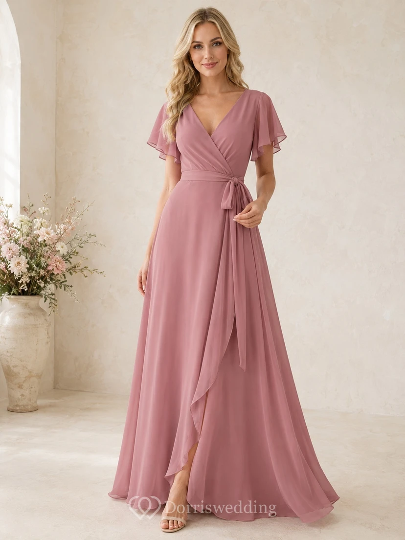 Dusty Rose Wrap V-neck Flutter Sleeve Chiffon A-line Sweep Train Gown