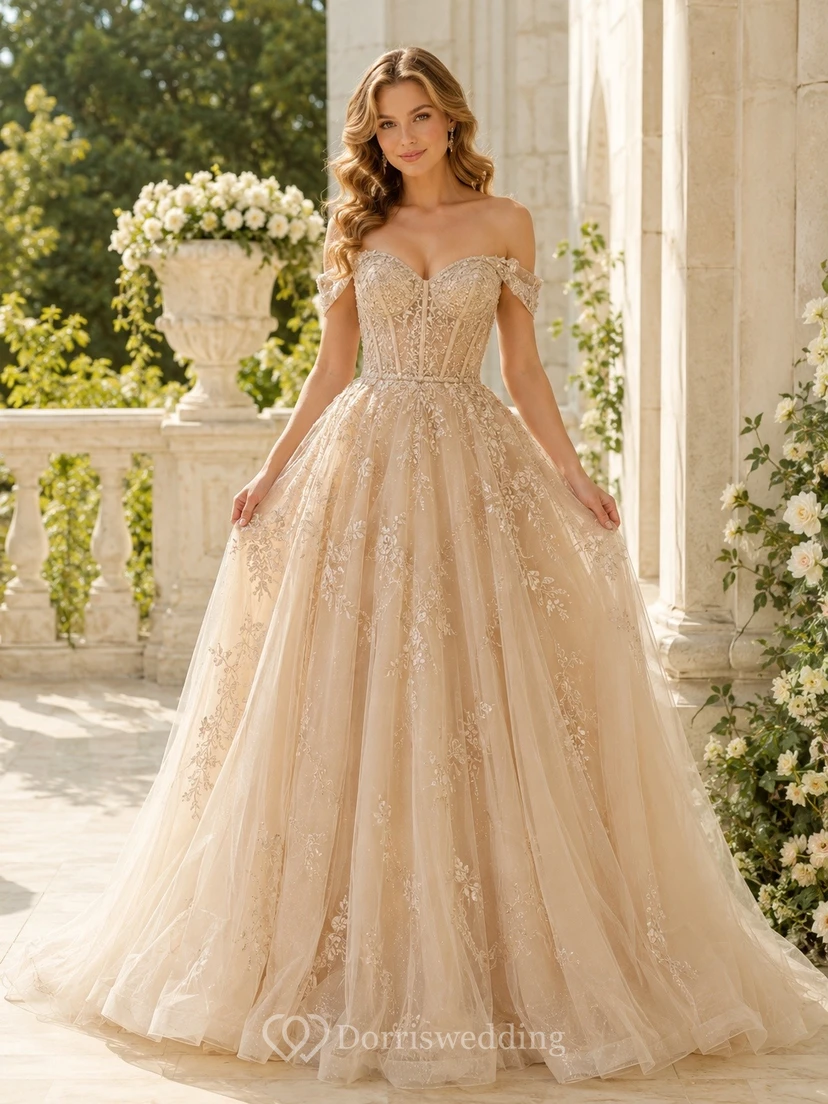 Champagne Illusion Short Sleeve Beading Tulle Ball Gown Floor-length Romantic Luxury Dress