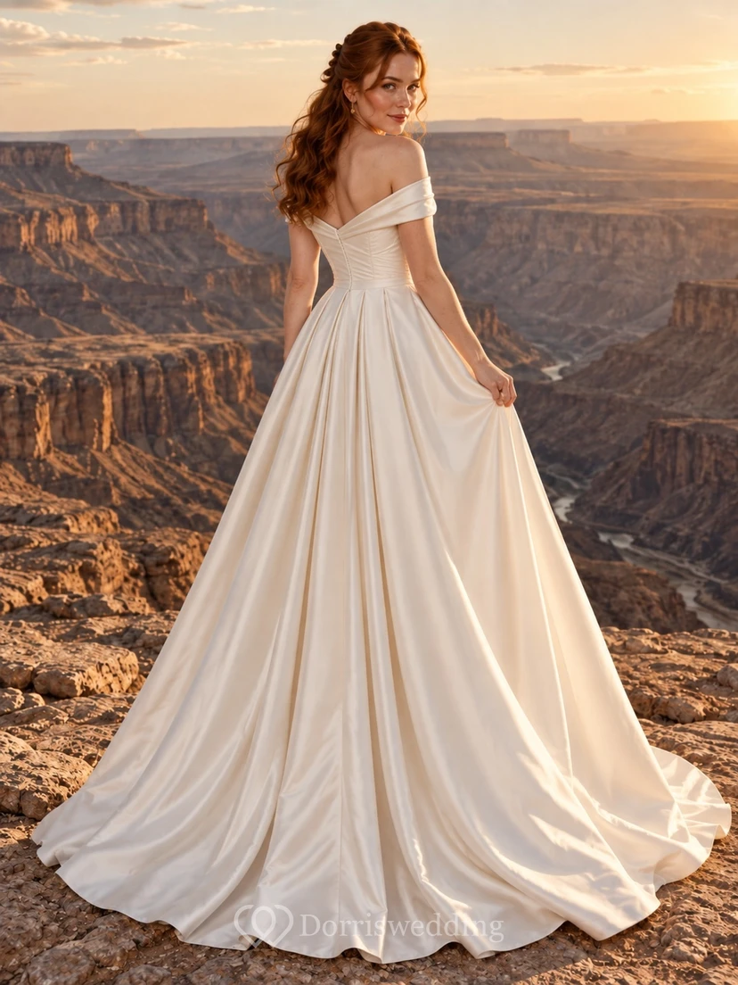 Vestido de novia sencillo de satén con escote Bardot, corte en A, cintura plisada y largo hasta el suelo. view 2