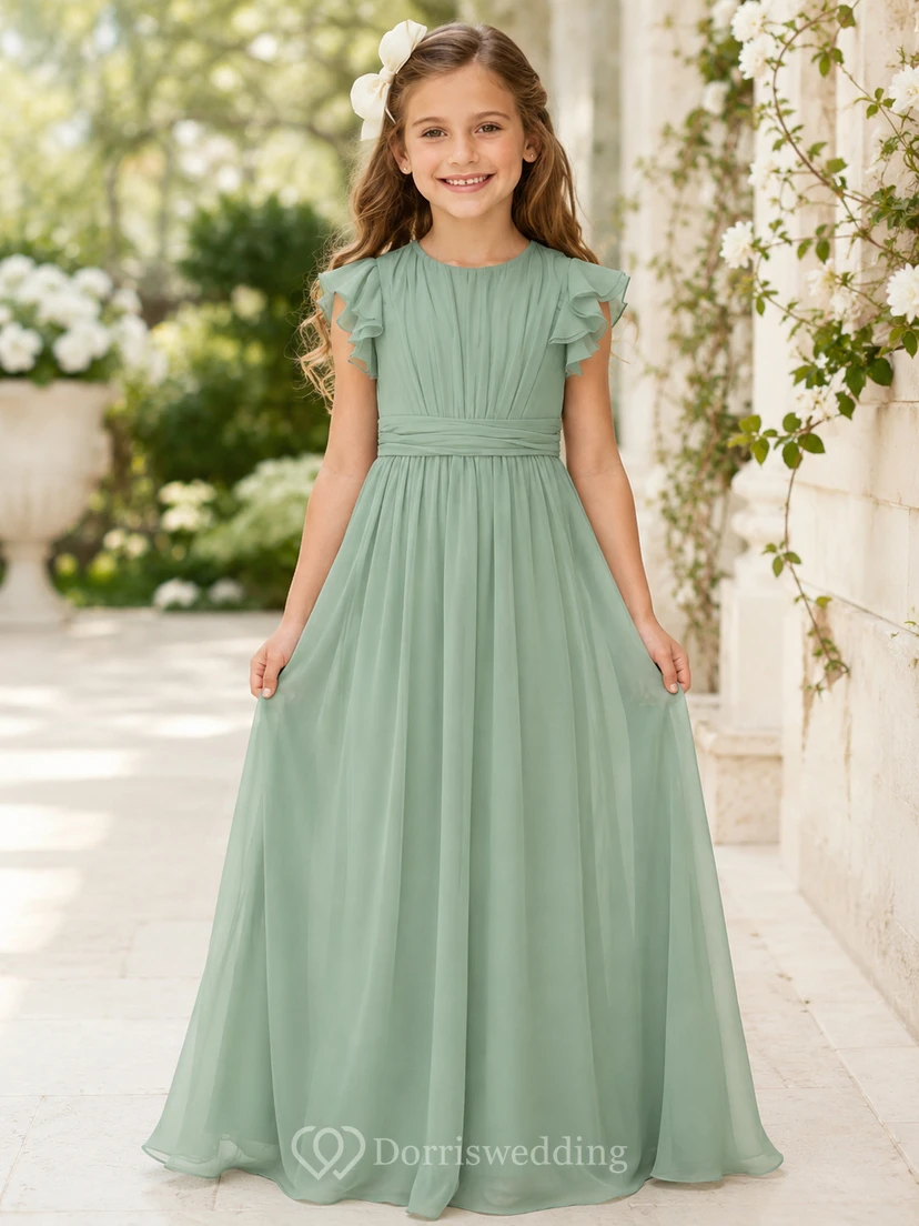 Flower Girl Dress Sage Chiffon A-Line Short Sleeve Jewel Neck Floor Length