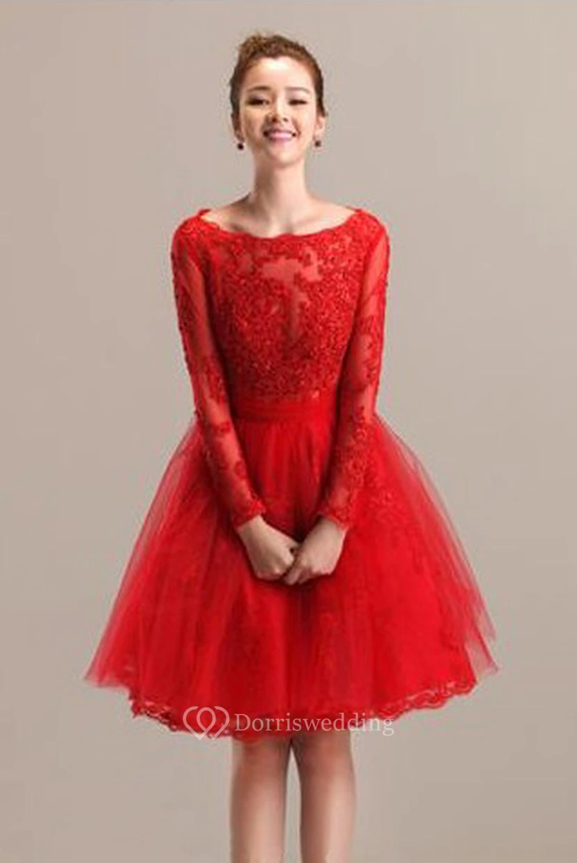 Lace and Tulle A-line Bateau Knee Length Dress with Pleats