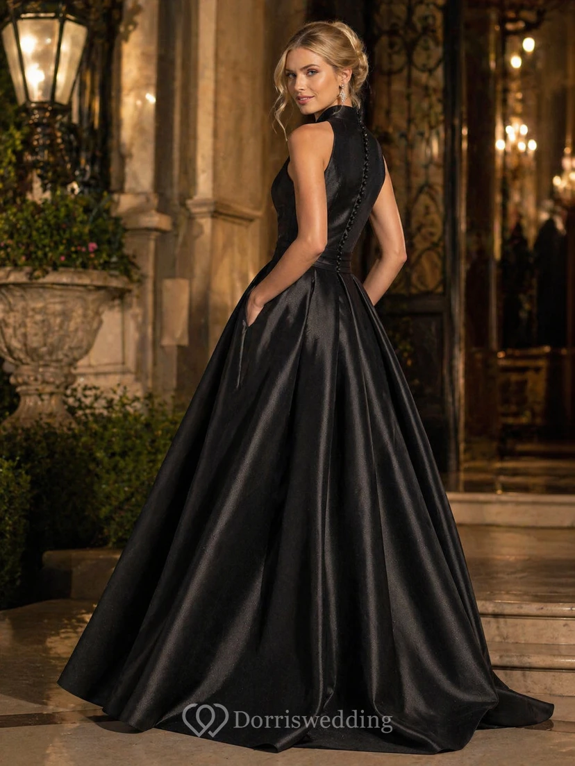 Vestido de gala formal sencillo sin mangas de satén con cola y fruncido. view 3