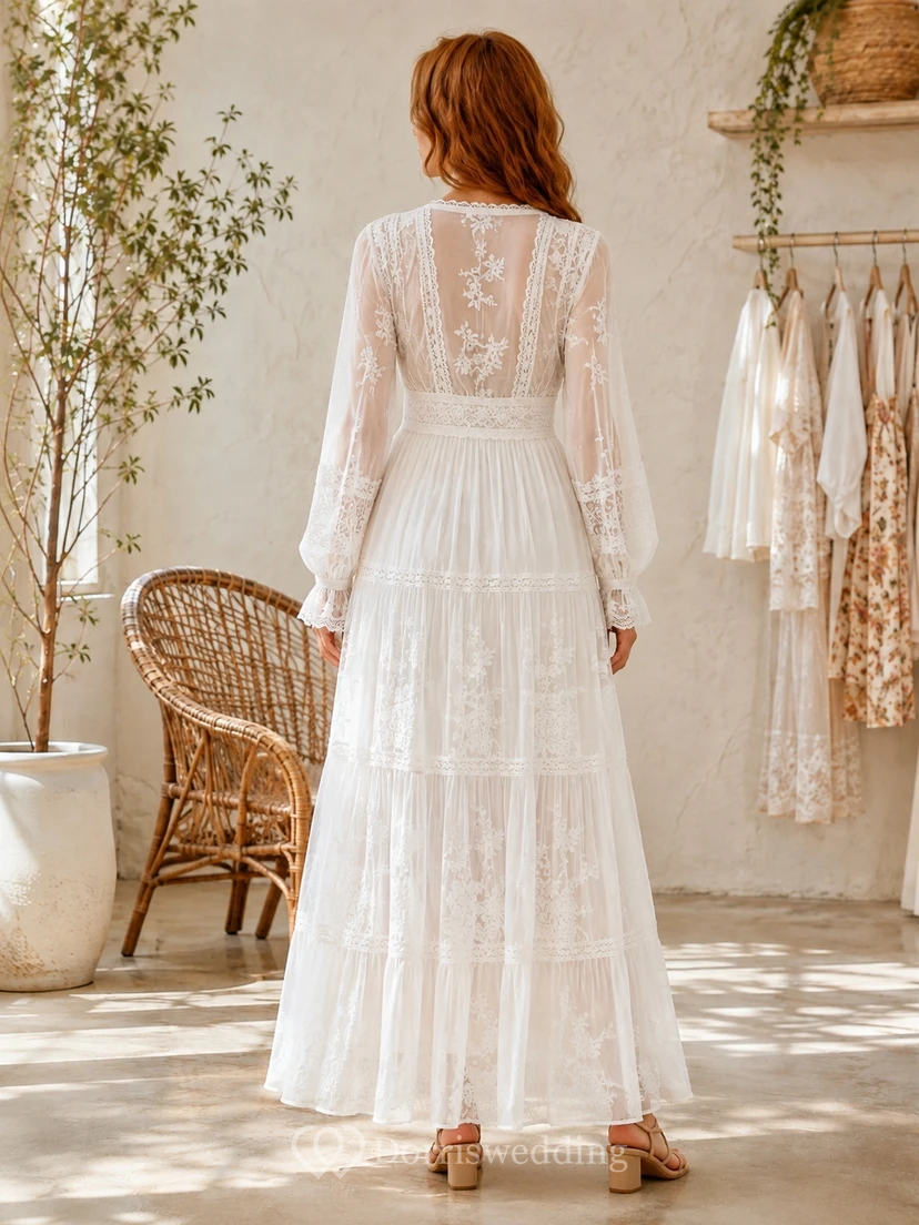 White Lace V Neck Long Sleeve Chiffon A-Line Floor Length Bohemian Dress view 2