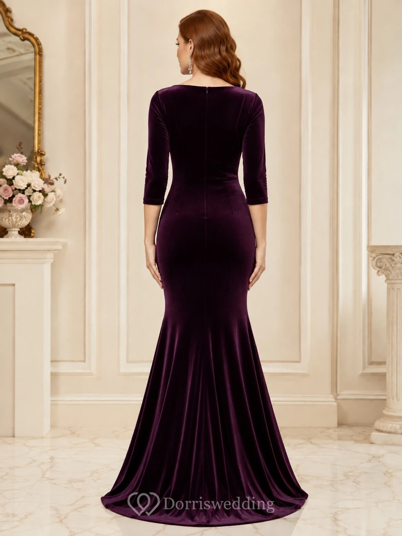Burgundy Velvet V-Neck Long-Sleeve Mermaid Formal Evening Gown view 2