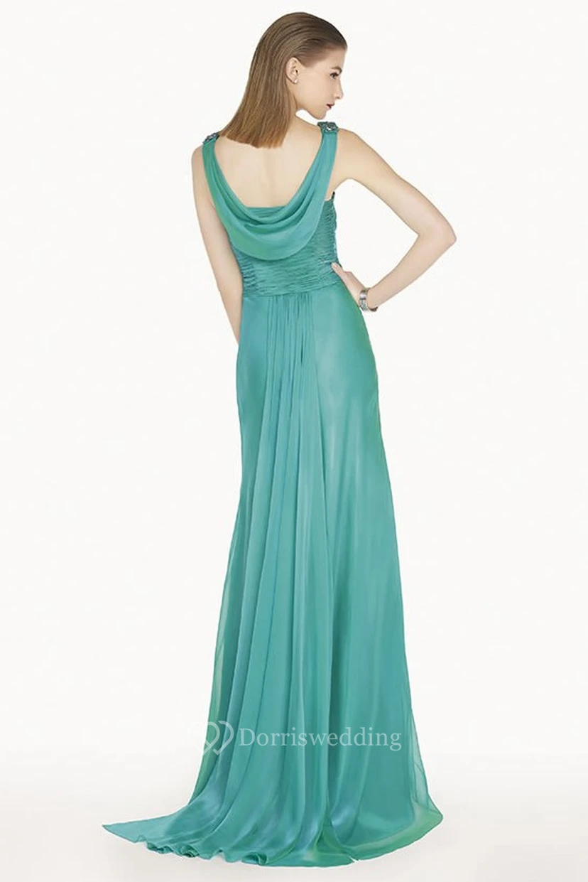 Empire Crystal Waist A-Line Chiffon Long Prom Dress With Cowl Back view 2