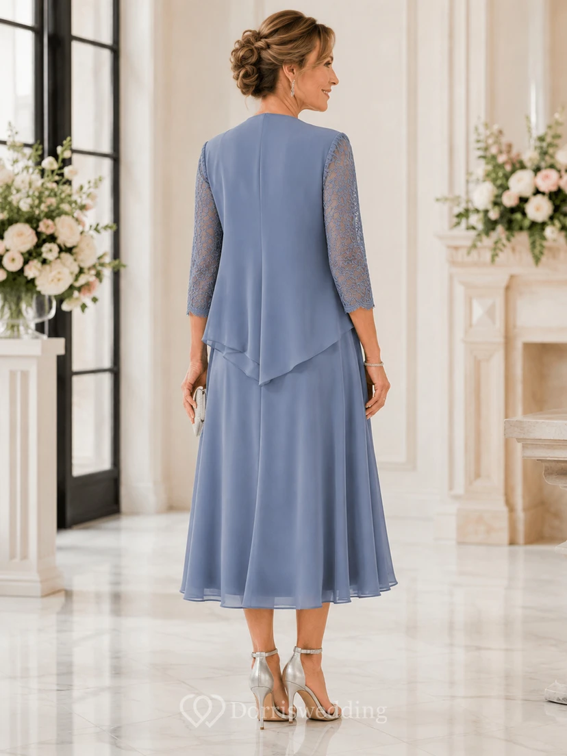 A-Line Tea-Length Bateau 3/4 Length Sleeve Chiffon Mother Dress with Lace view 3
