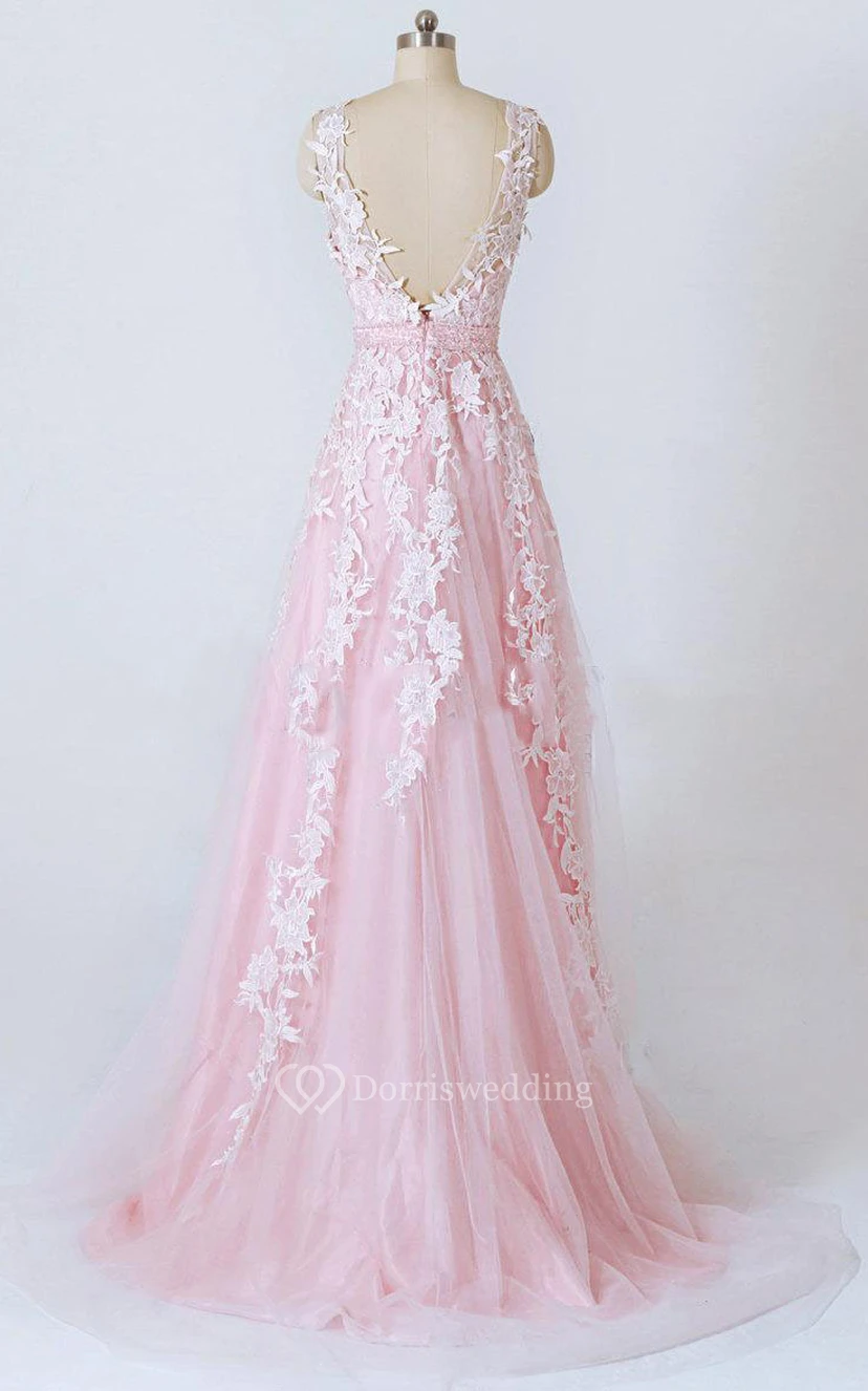 Robe trapèze en tulle et dentelle, col en V, ornée d'appliqués et dos nu en V view 12