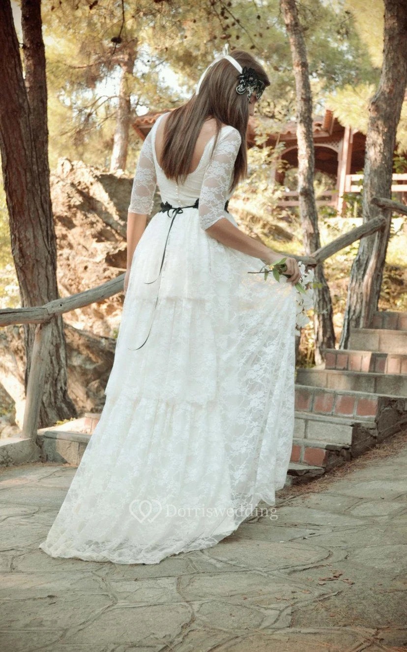 Robe bohème en dentelle à manches courtes et longueur au sol view 3
