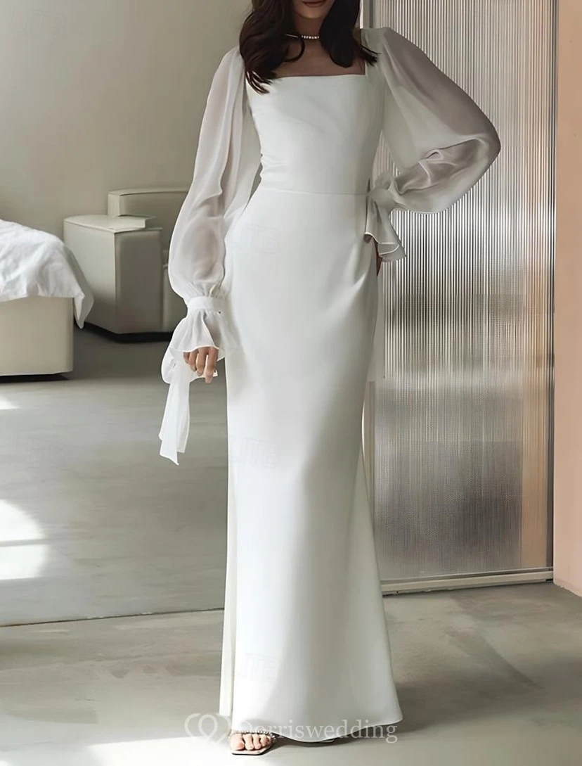 Minimalistisches Brautkleid mit eckigem Ausschnitt und Bischofsärmeln
