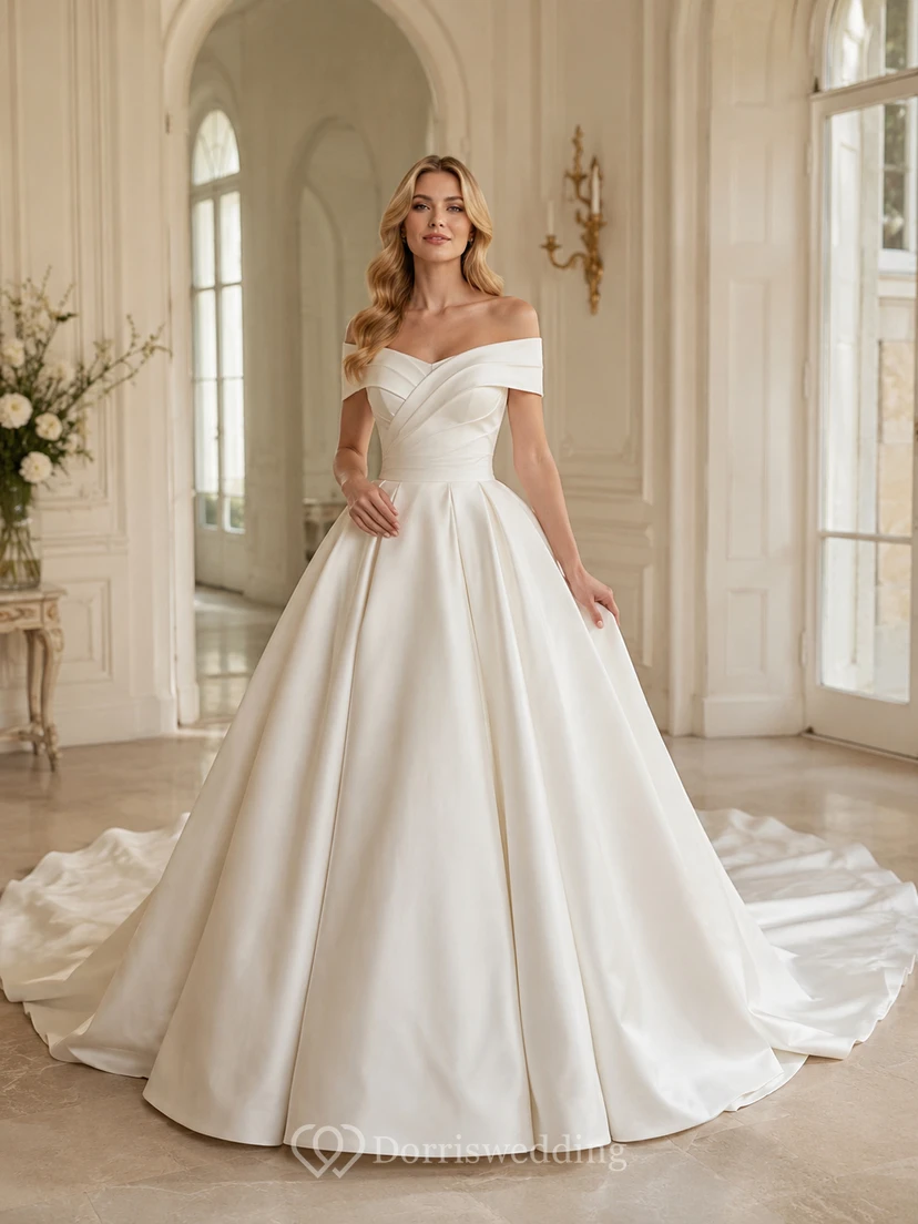 Robe de bal en satin à épaules dénudées et traîne chapelle, robe de mariée luxueuse