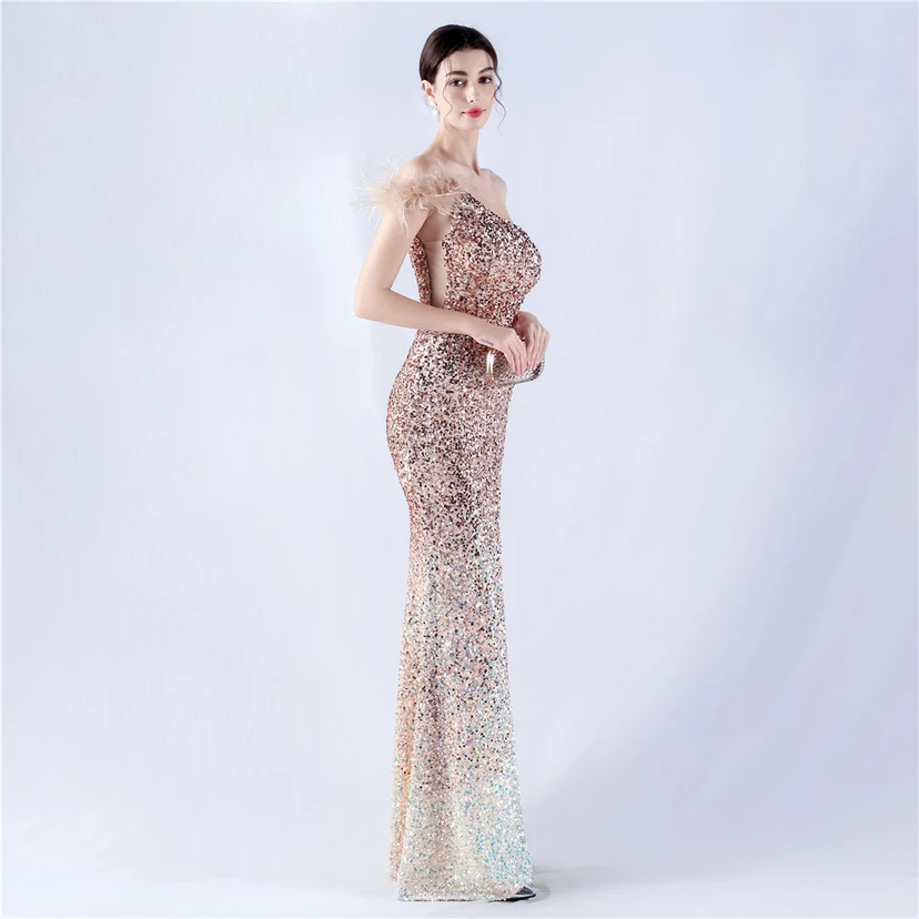 Gradient Velvet Bottom Sequins Craft Beading Ostrich Hair One-Shoulder Oblique Collar High-Slit Evening Dress view 50
