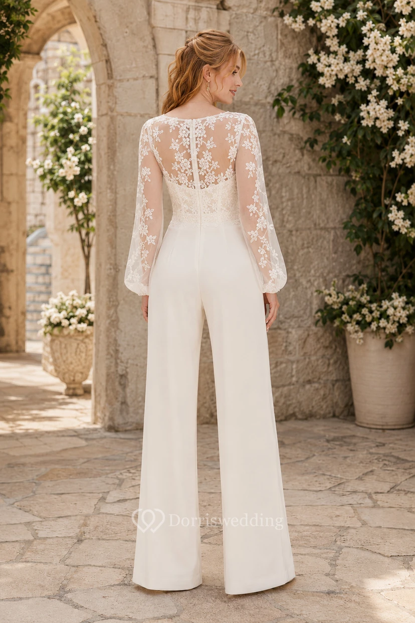 Combinaison de mariée blanche à manches poétiques et corsage en dentelle view 2