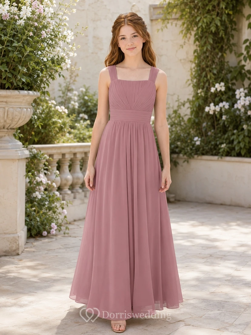 Vestido de dama de honor juvenil color rosa empolvado, corte en A, sin mangas.