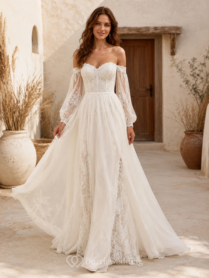 Robe de mariée bohème trapèze à épaules dénudées, décolleté cœur, manches longues en dentelle, traîne balayée