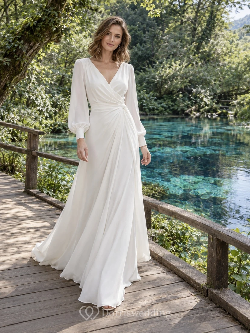 Vestido de novia sencillo de gasa con escote en V y manga larga, corte en A y espalda descubierta.