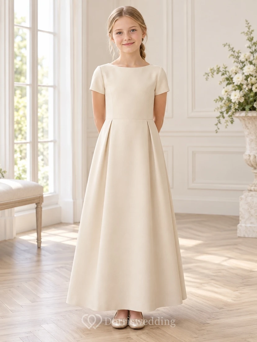 Simple Modest Champagne Ankle-length Short Sleeve Broad Hip Pleated Flared Flower Girl Dress