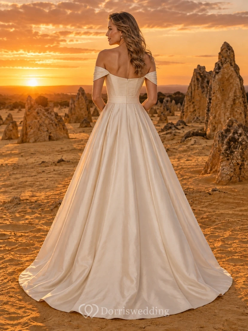 Schlichtes schulterfreies Brautkleid aus Satin in A-Linie, bodenlang view 2