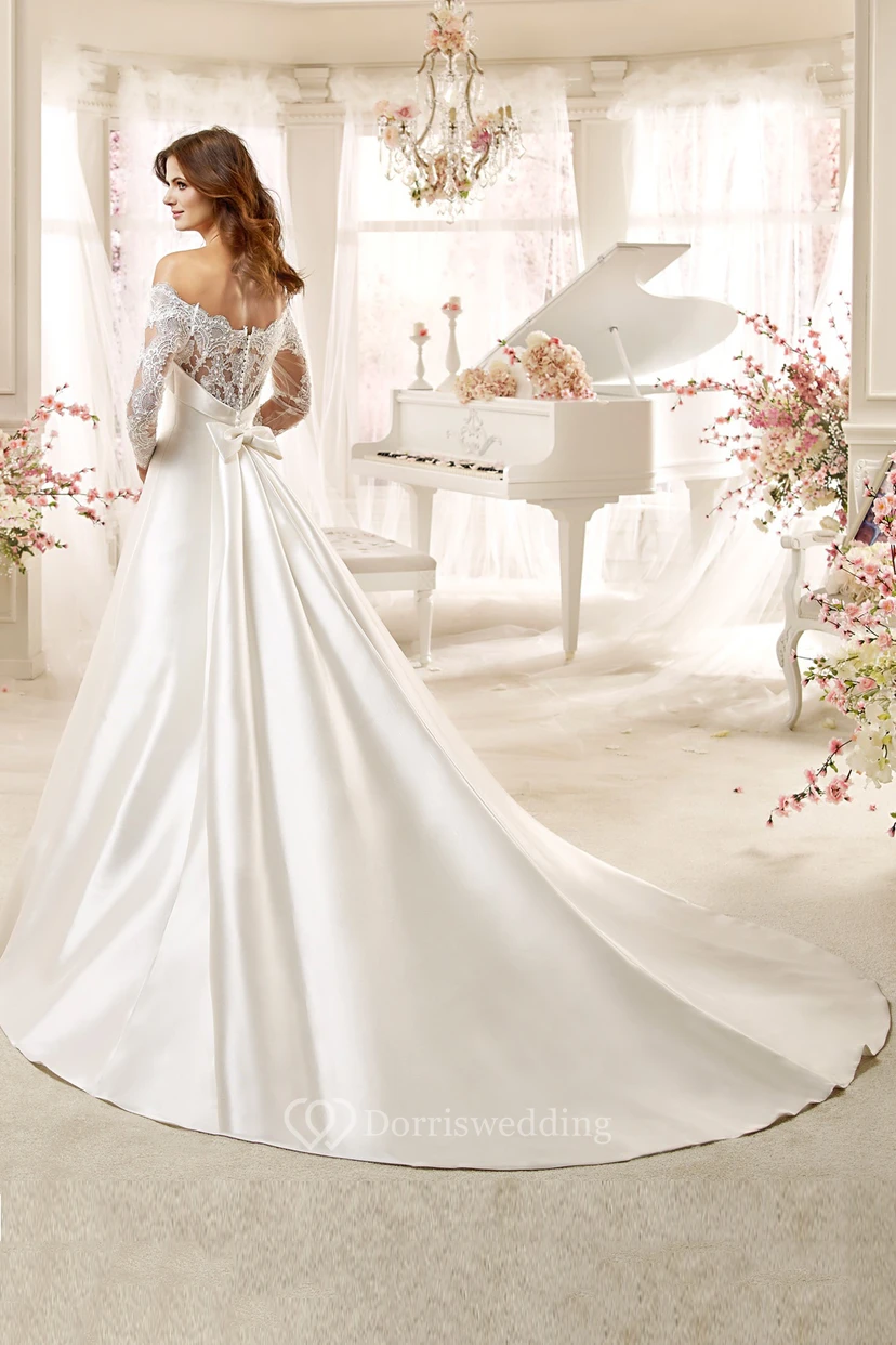Off-Shoulder A-Line Satin Wedding Dress With Lace Long Sleeves And Brush Train view 2