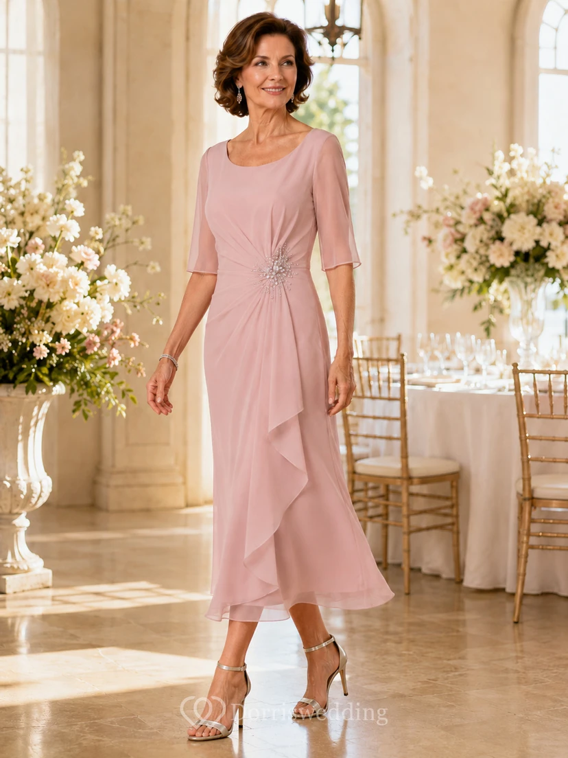 Blush Draped Midi Mother Dress with Sheer Sleeves and Crystal Waist Detail view 2