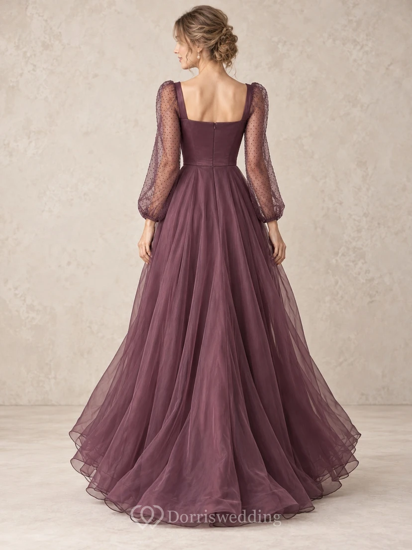 Long Sleeve Square Neck Plum Dotted Bishop Organza Formal Dress view 2