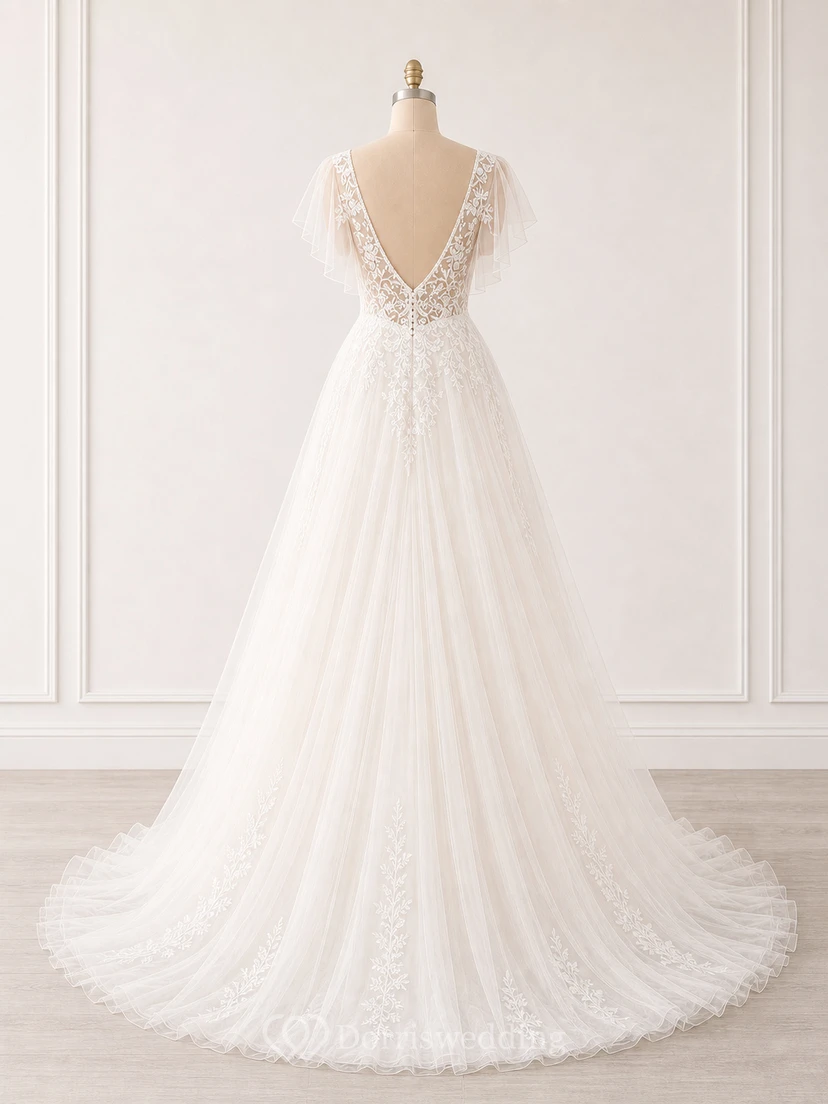 Robe de mariée bohème trapèze avec manches papillon et corsage en dentelle view 10