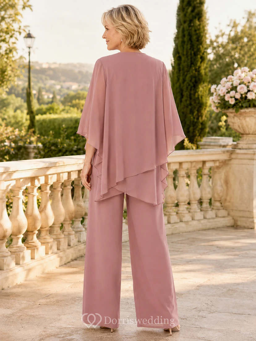 Dusty Rose Mother Jumpsuit with V-Neck Chiffon Cape and Wide Leg Pants view 2