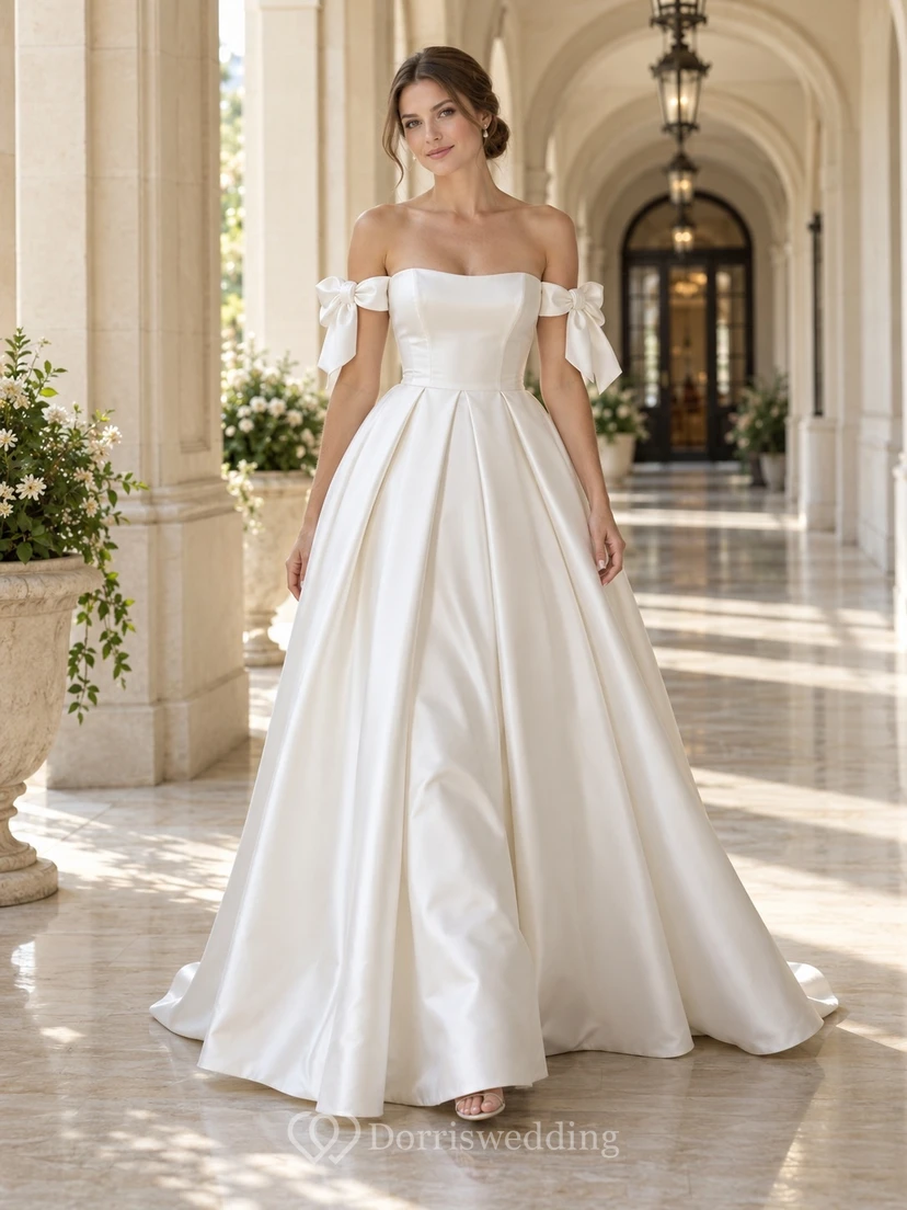 Simple Off Shoulder A-Line Ribbon Bow Pleated Satin Flared Hem Sweeping Wedding Dress